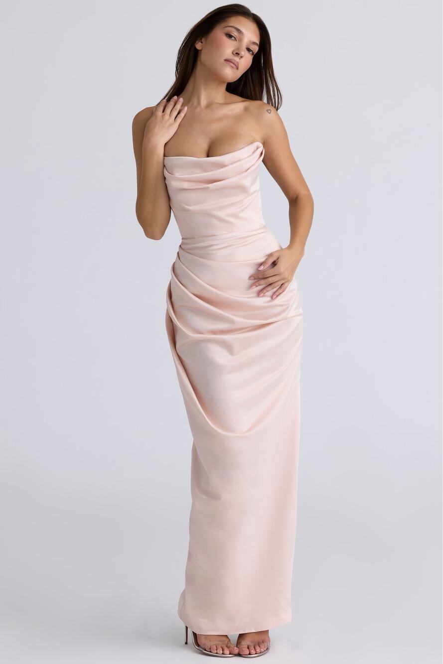 House of CB Champagne Satin Adrienne Strapless Gown Dress Size Large Plus Cup